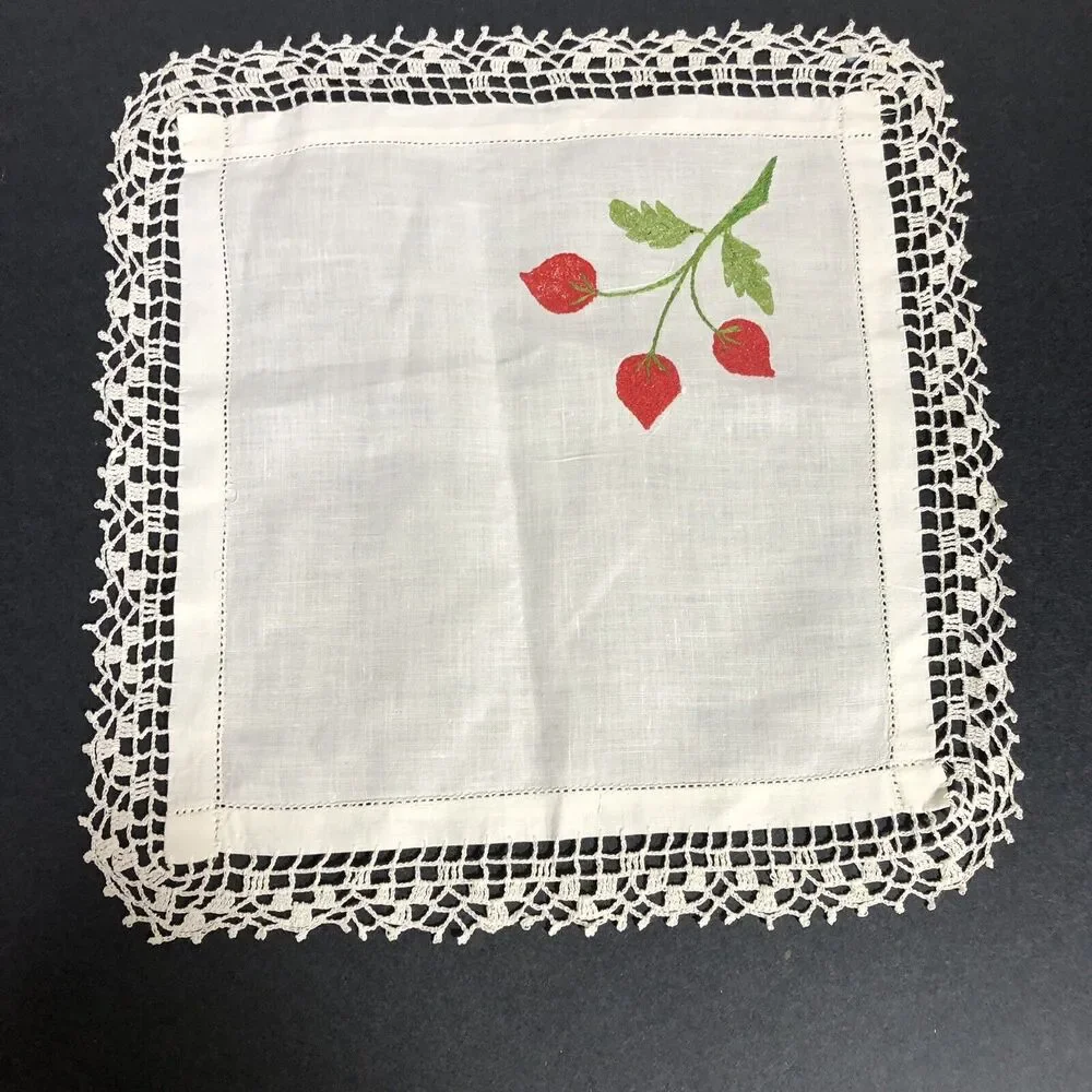 Vintage Small Table Topper Linens Square Purple Grapes Red Flowers Crochet Edge